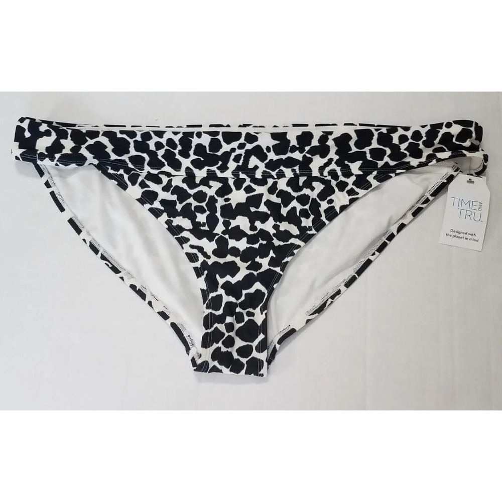 Time and Tru Swimsuit Midrise Bikini Bottom 2X(20W-22W)Black White Cow Print NEW